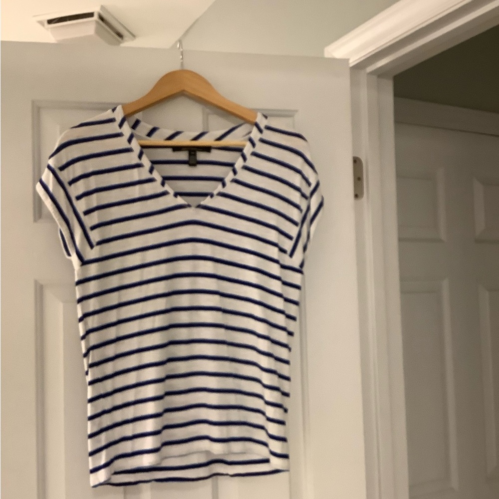 White House Black Market Blue and White Striped V-Neck Tee